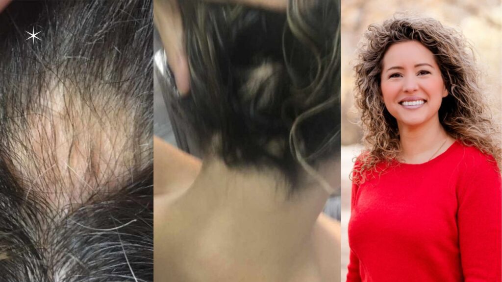 Three images showing a hairstyle transformation from shaved to curly hair.