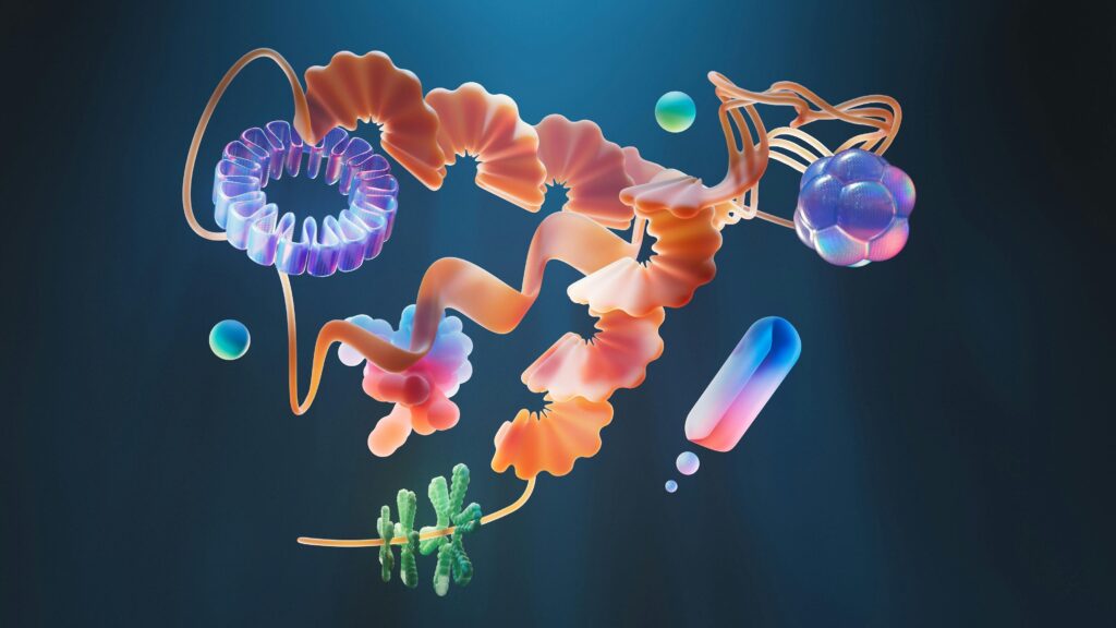 Colorful abstract shapes floating against a dark blue background.