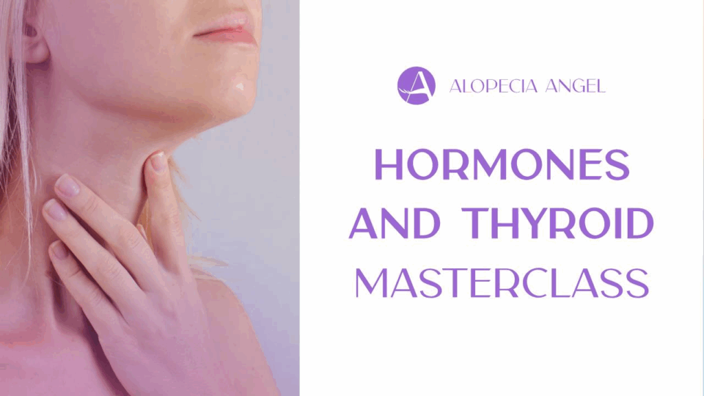 A woman touching her neck, promoting hormone and thyroid health masterclass.