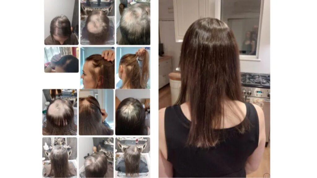 Before-and-after hair transformation showing repair of damaged hair to smooth, healthy locks.